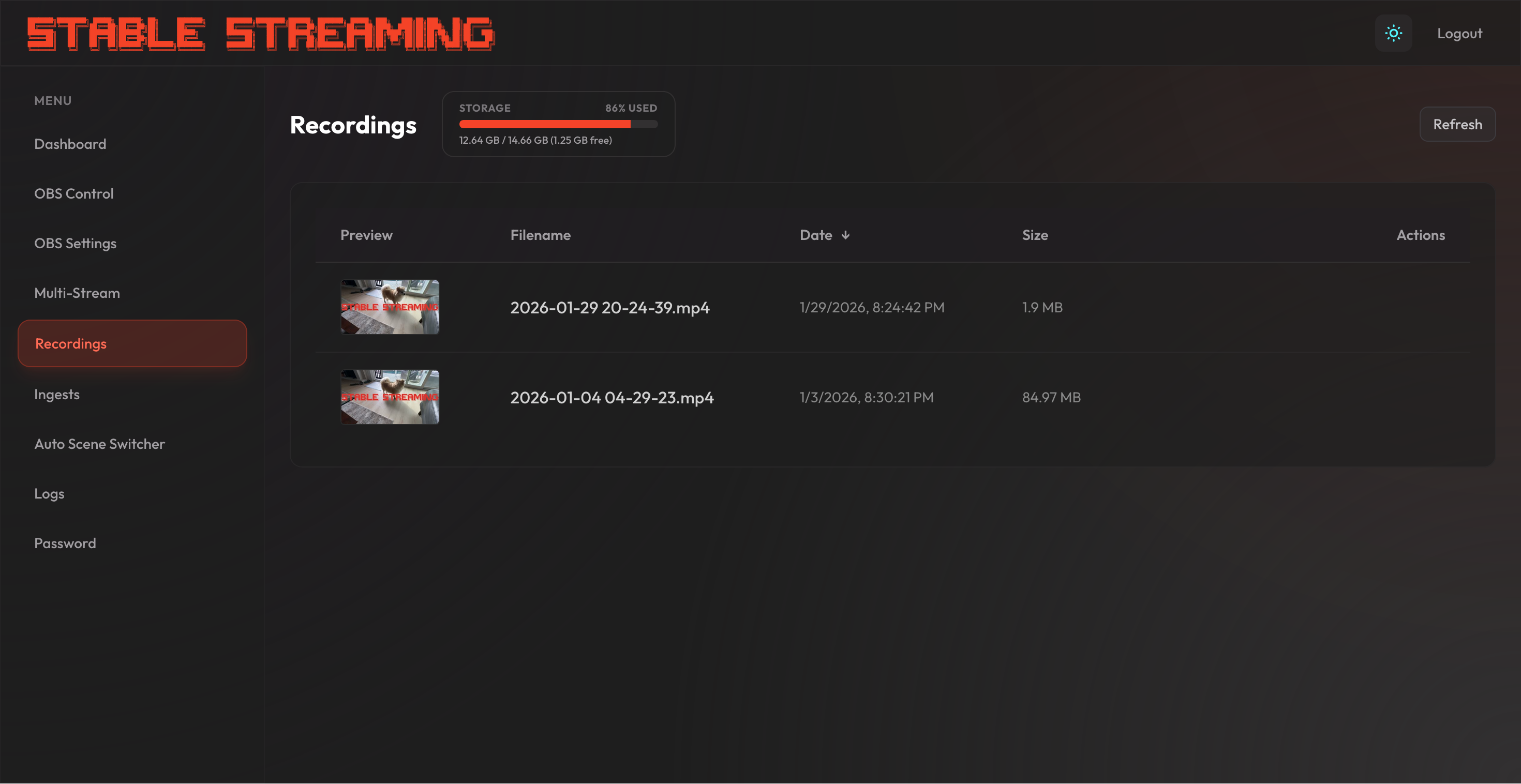 Recordings — Browse and manage server-side recordings